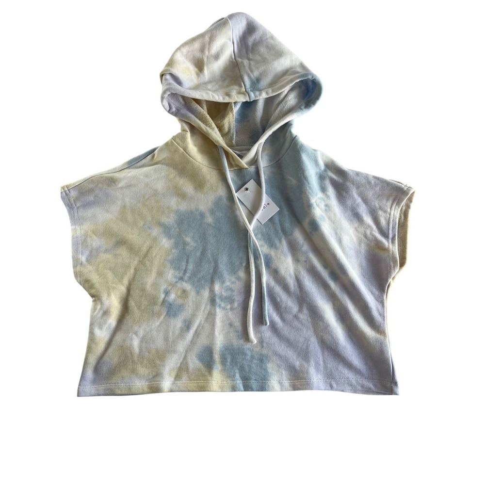 Elodie Womens XS Tie Dye Cropped Hoodie Cap Sleeve Blue Yellow Pastel NWT